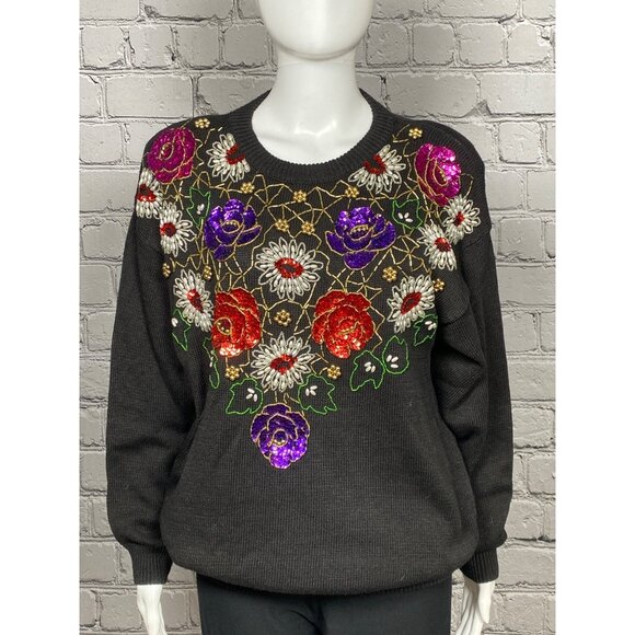 Vintage Western Connection Womens Medium Black Beaded Sequin Floral Pullover Swe - Picture 4 of 10